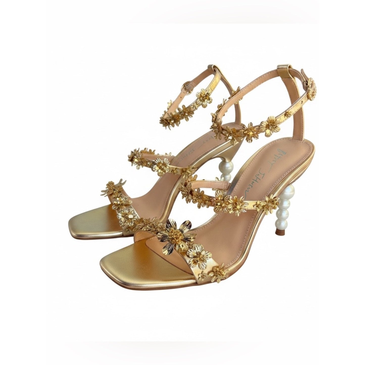 Betsey Johnson Lorra Gold Floral Pearl Heel Sandals NIB 9.5