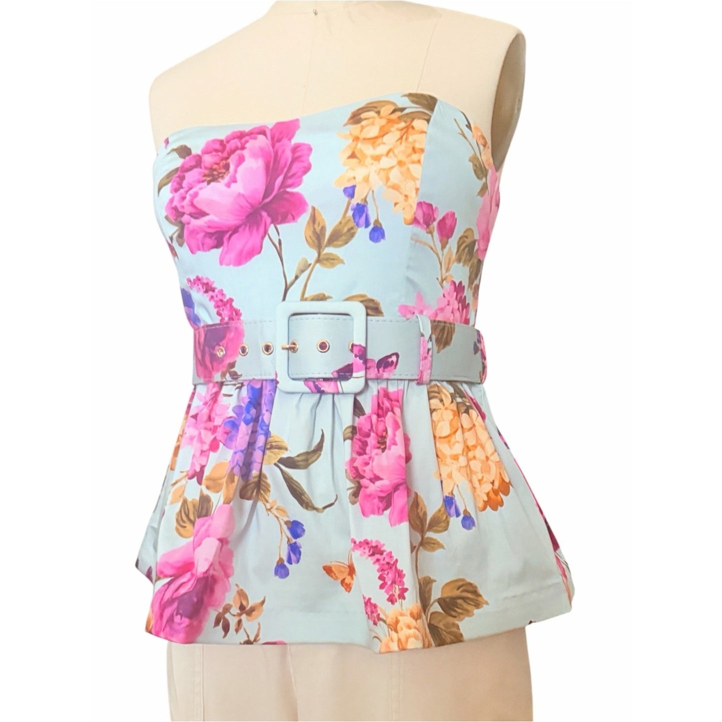 Prosperina Jamie Floral Bustier Peplum Belted Top NWT M