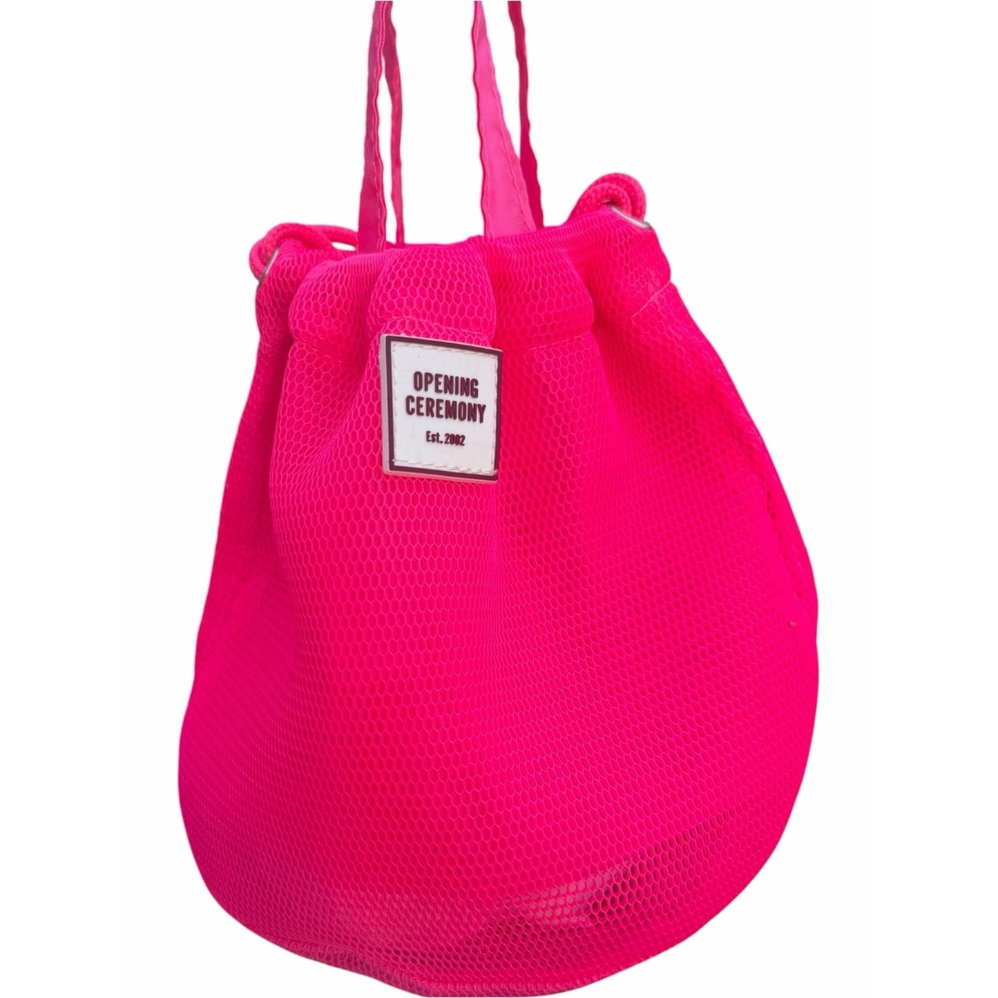 Opening Ceremony Neon Pink Mesh Drawstring Bucket Bag Crossbody Tote NWOT