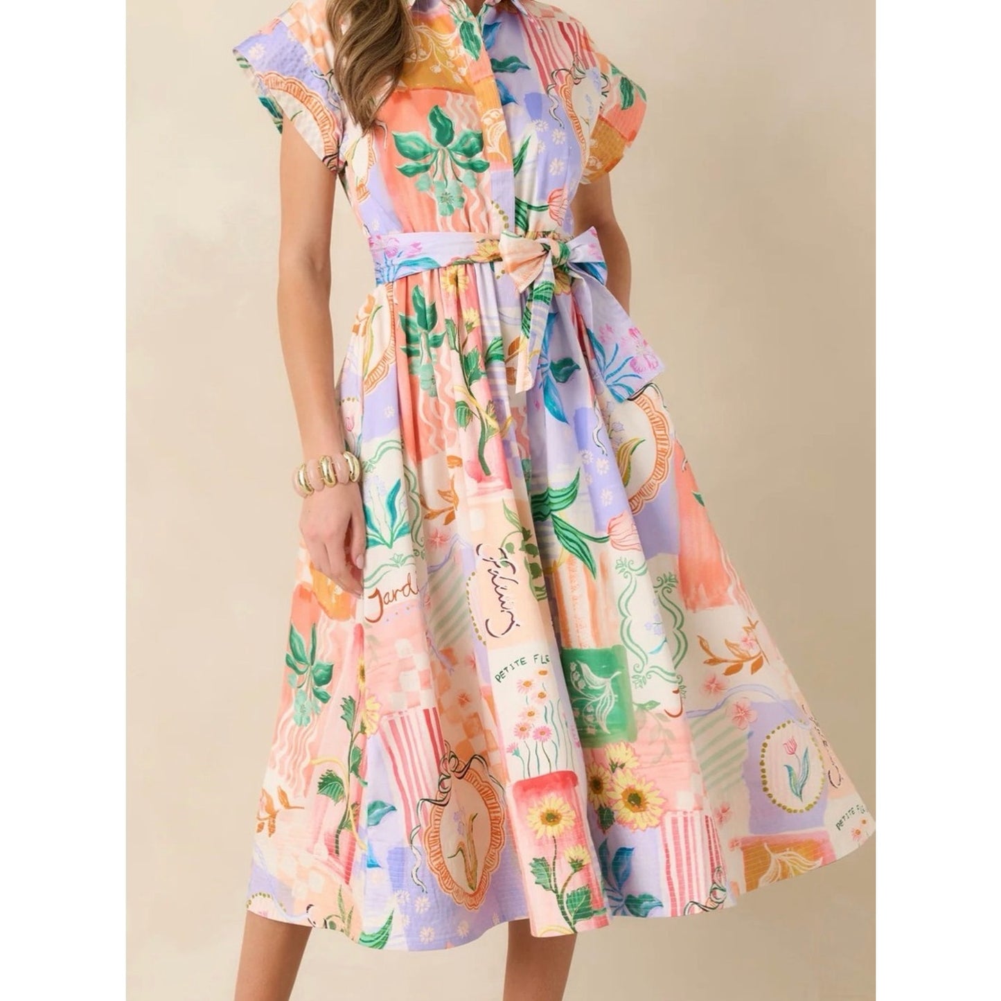 Prosperina Savannah Peach Multi Floral Cotton Midi Shirt Dress NWT M