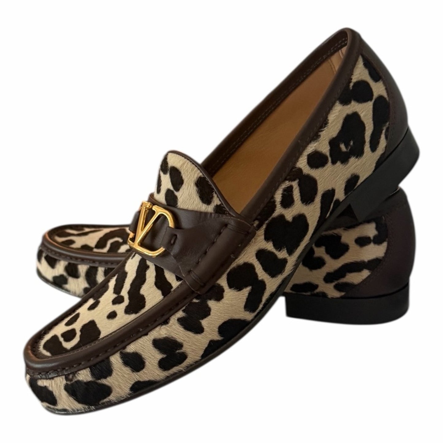 Valentino Garavani Pony Hair Leopard Loafers 39 Gold V Logo NIB