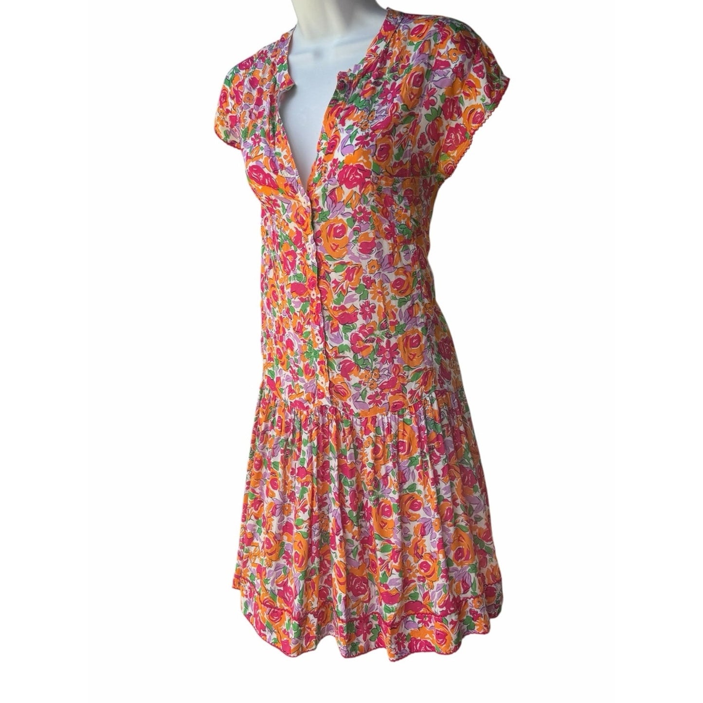 Poupette St. Barth Amora Mini Dress Orange Rose Floral NWT Large Button Front