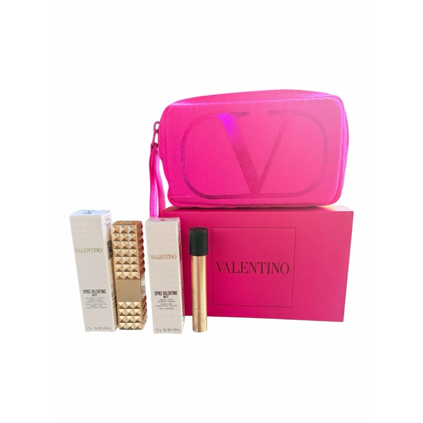 Valentino Spike Matte Lipstick 123R 100R Refill Pink VLogo Pouch Gift Set NIB