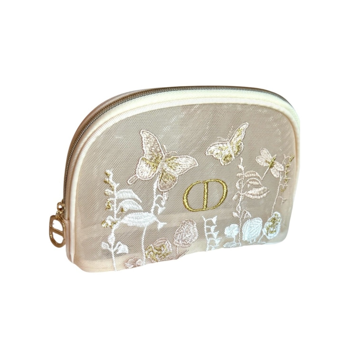 Authentic Dior butterfly embroidered cosmetic  mesh pouch w/Gold Logo NIB