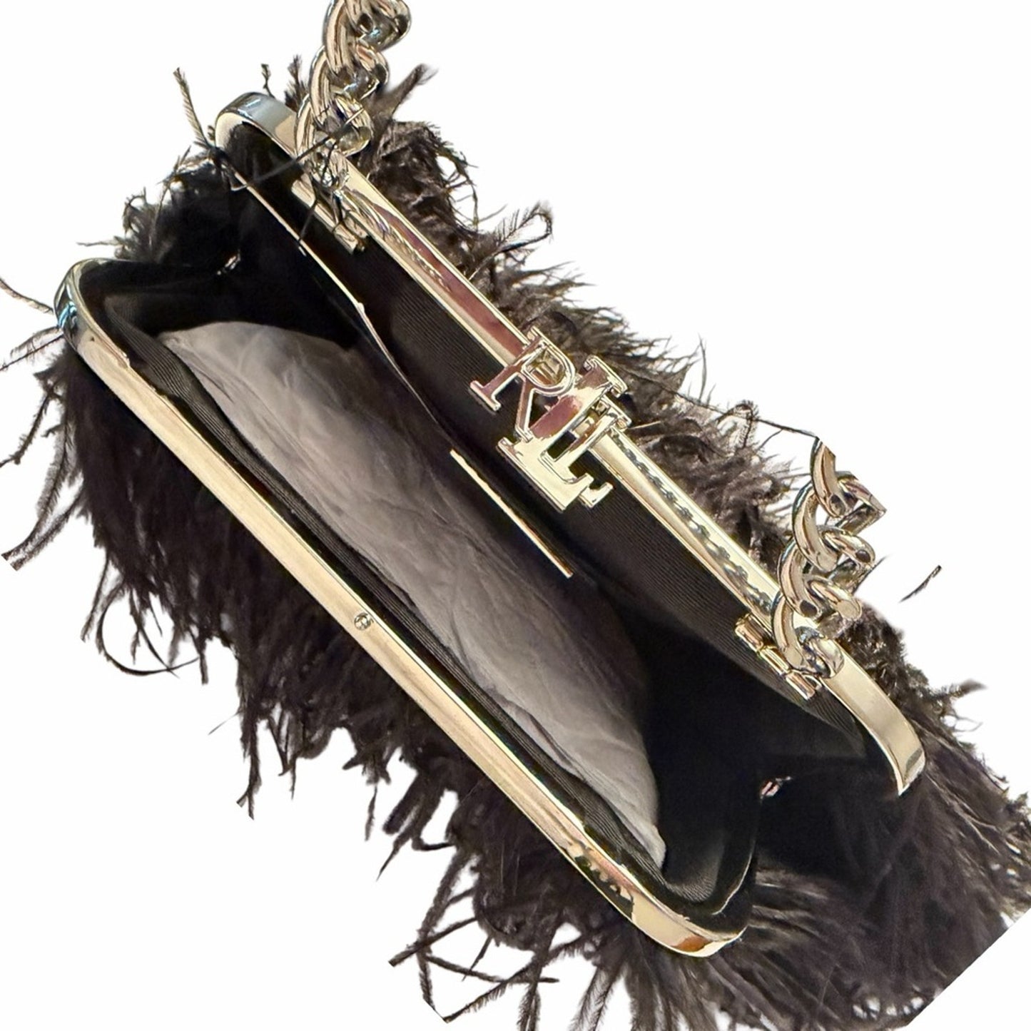 Lauren Ralph Lauren Hollie Feather Fringe Clutch Black LRL Bag NWT Glam Style