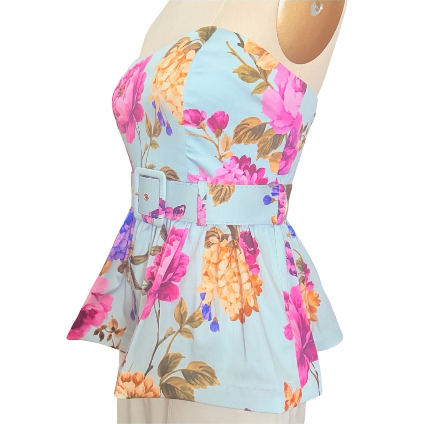 Prosperina Jamie Floral Bustier Peplum Belted Top NWT M