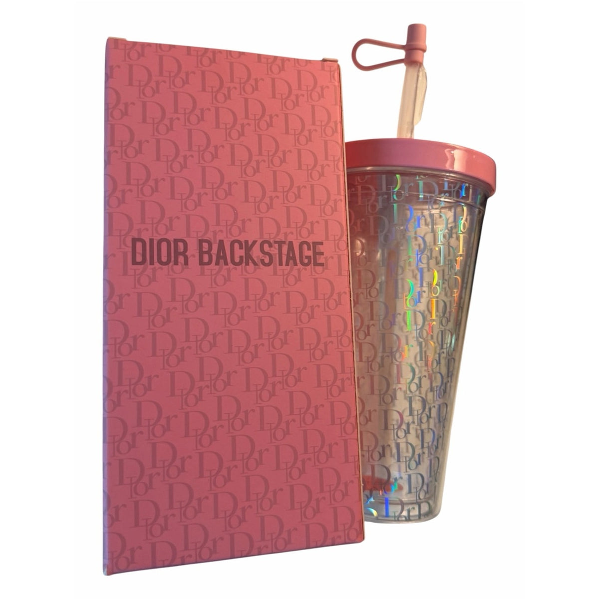 Dior Backstage Pink Holographic Oblique Tumbler 700ml w/ Straw & Box NEW