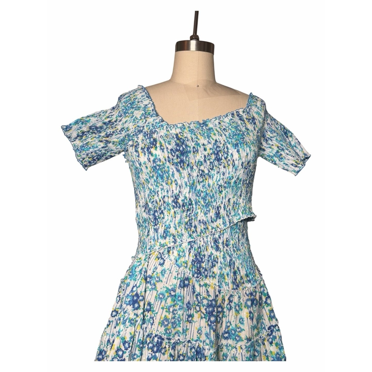 NWT Poupette St Barth Soledad Blue Aquarelle Cotton Plumeti Mini Dress M