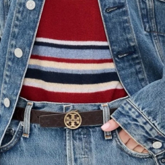 Tory Burch Miller T Monogram Maroon Leather Belt Gold Buckle M NWT