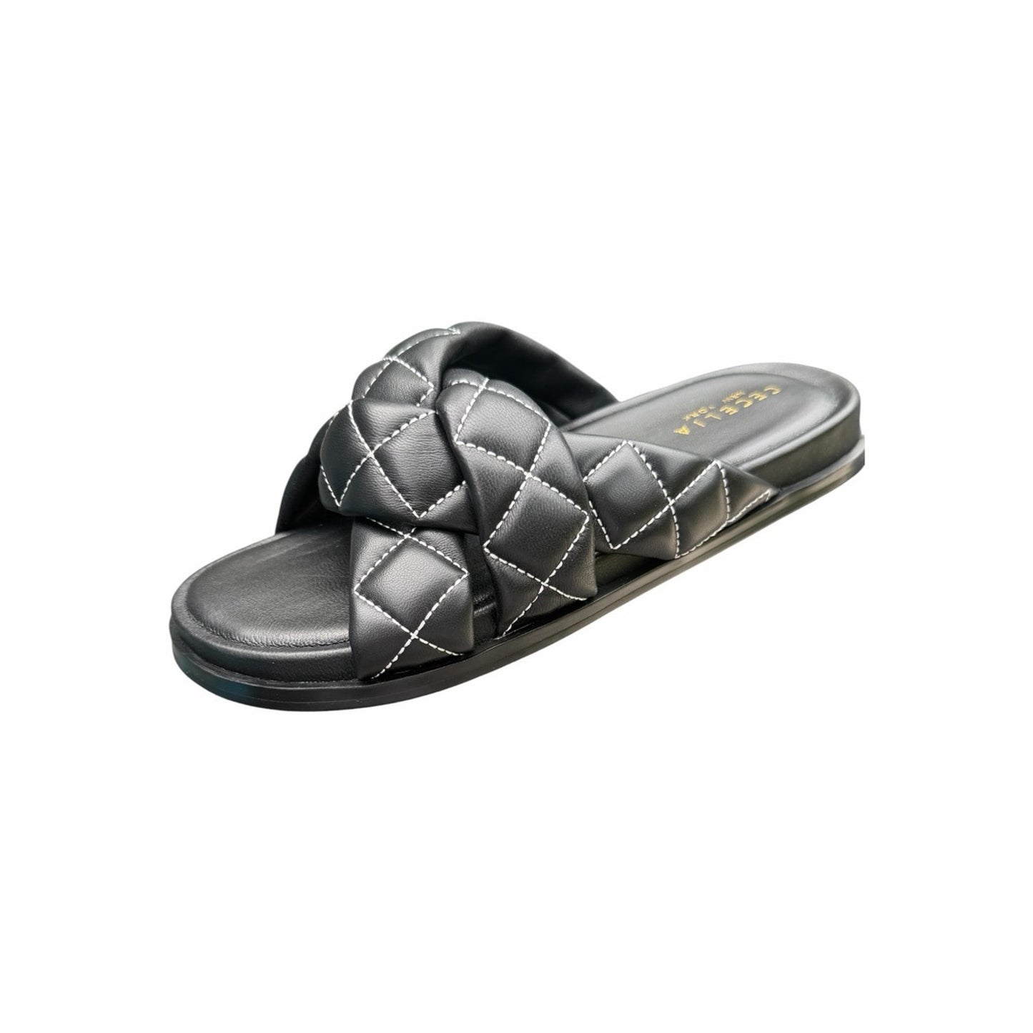 Cecelia New York Ellie Quilted Braided Leather Slide Sandals Black  5.5 New With Box