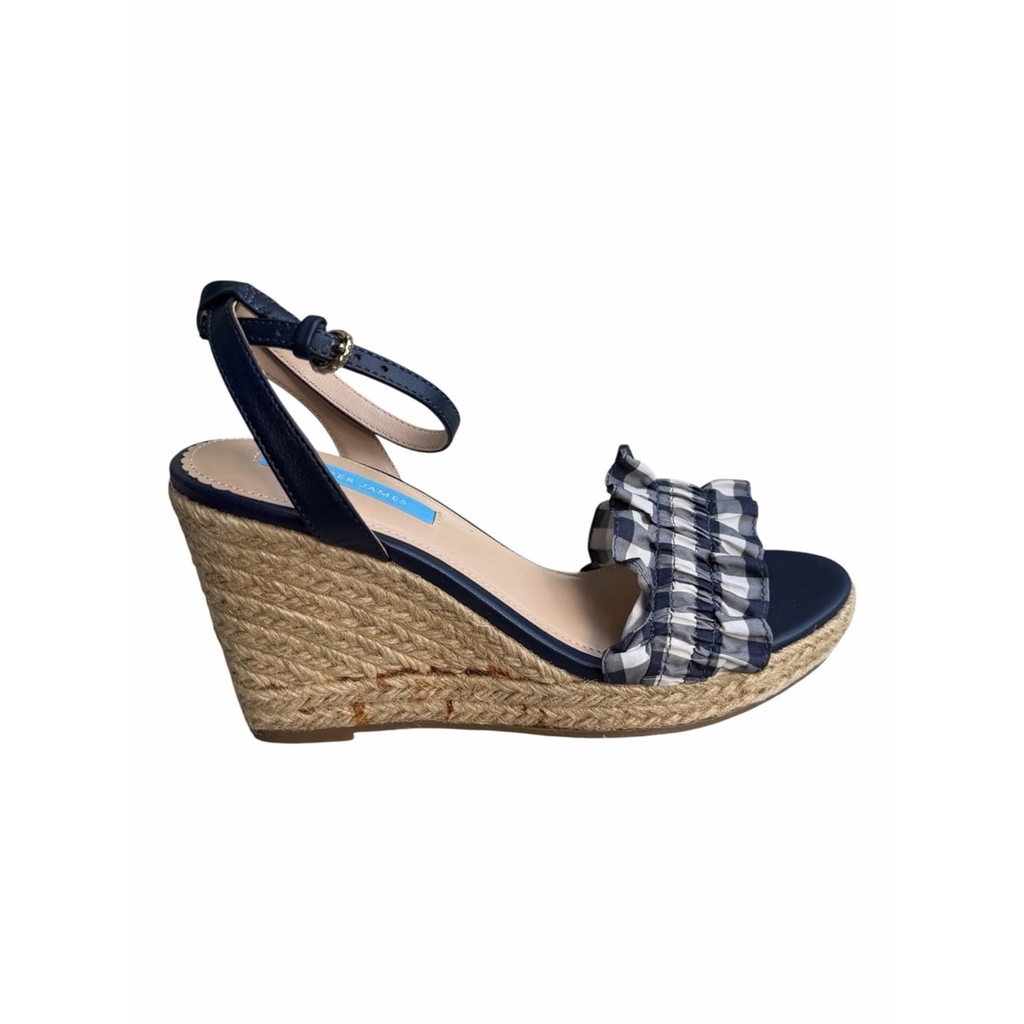Draper James Abigail Navy Gingham Ruffle Espadrille Wedge Sandals NIB Size 7