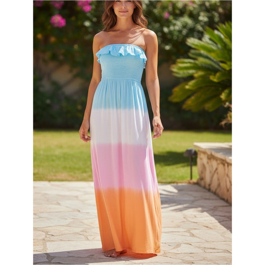 Tiare Hawaii NWT Blue Ombré Strapless Smocked Maxi Dress One Size M/L