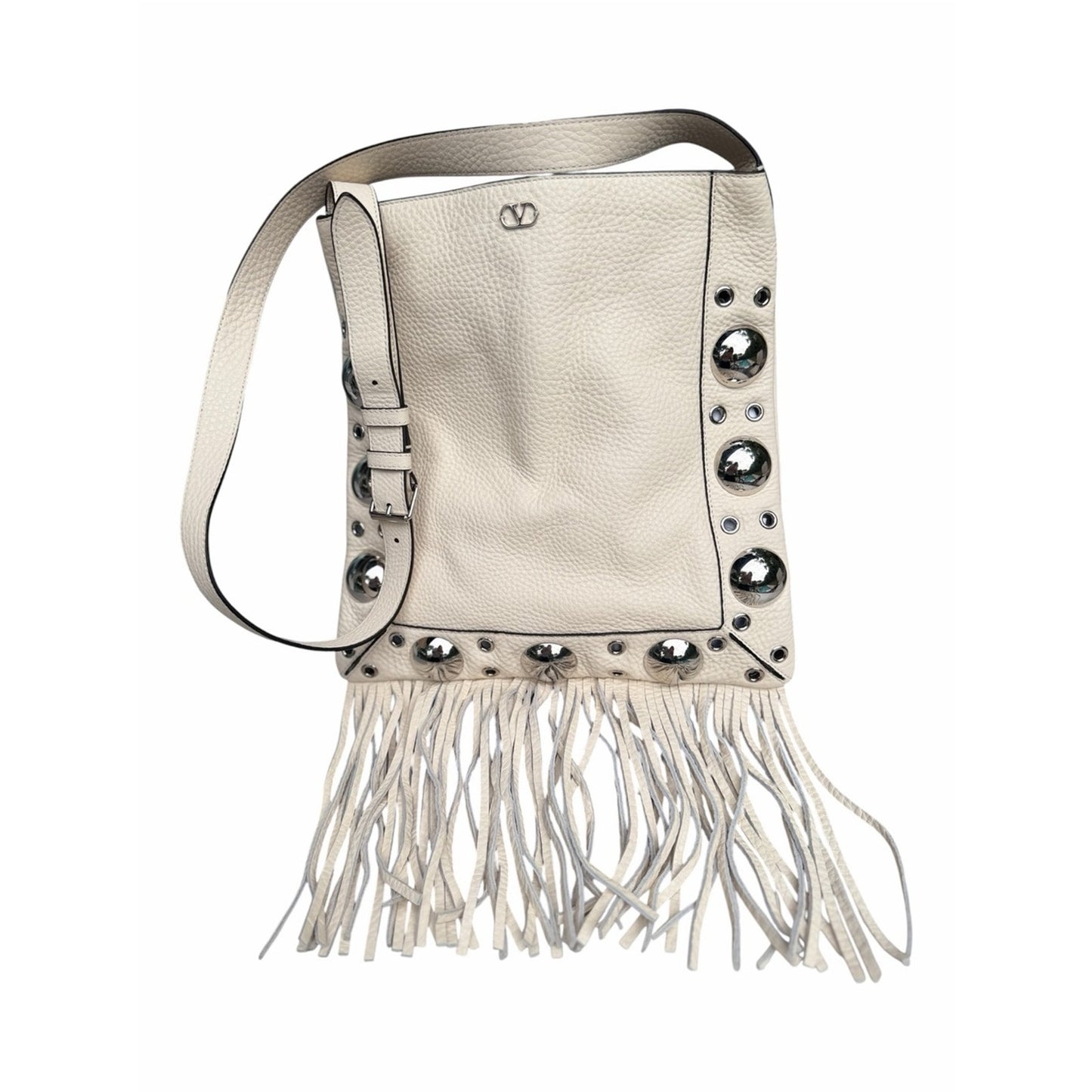 VALENTINO GARAVANI NELCOTE Ivory Leather Fringe Studded Shoulder Bag NWT
