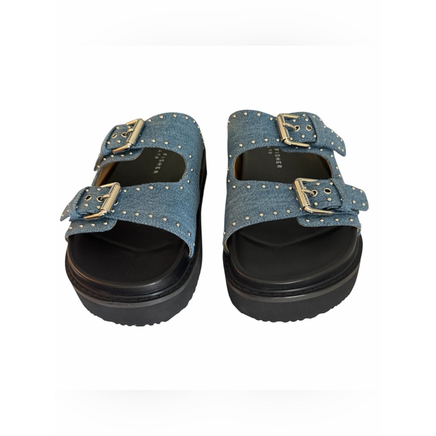 Marc Fisher LTD Agusta Denim Studded Slide Sandals Platform Blue 7.5 NIB