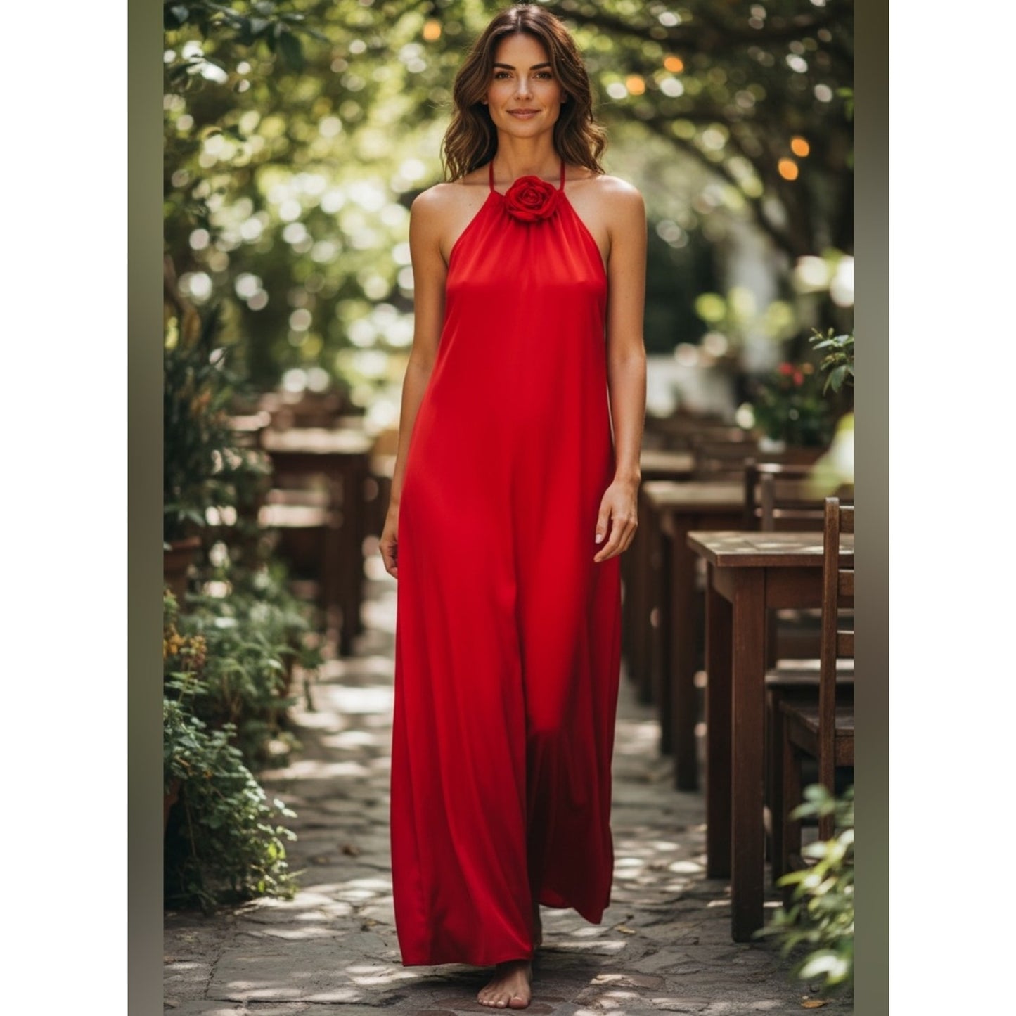 Lucy Paris Red Halter Maxi Dress XL NWT Open Back Removable Rosette