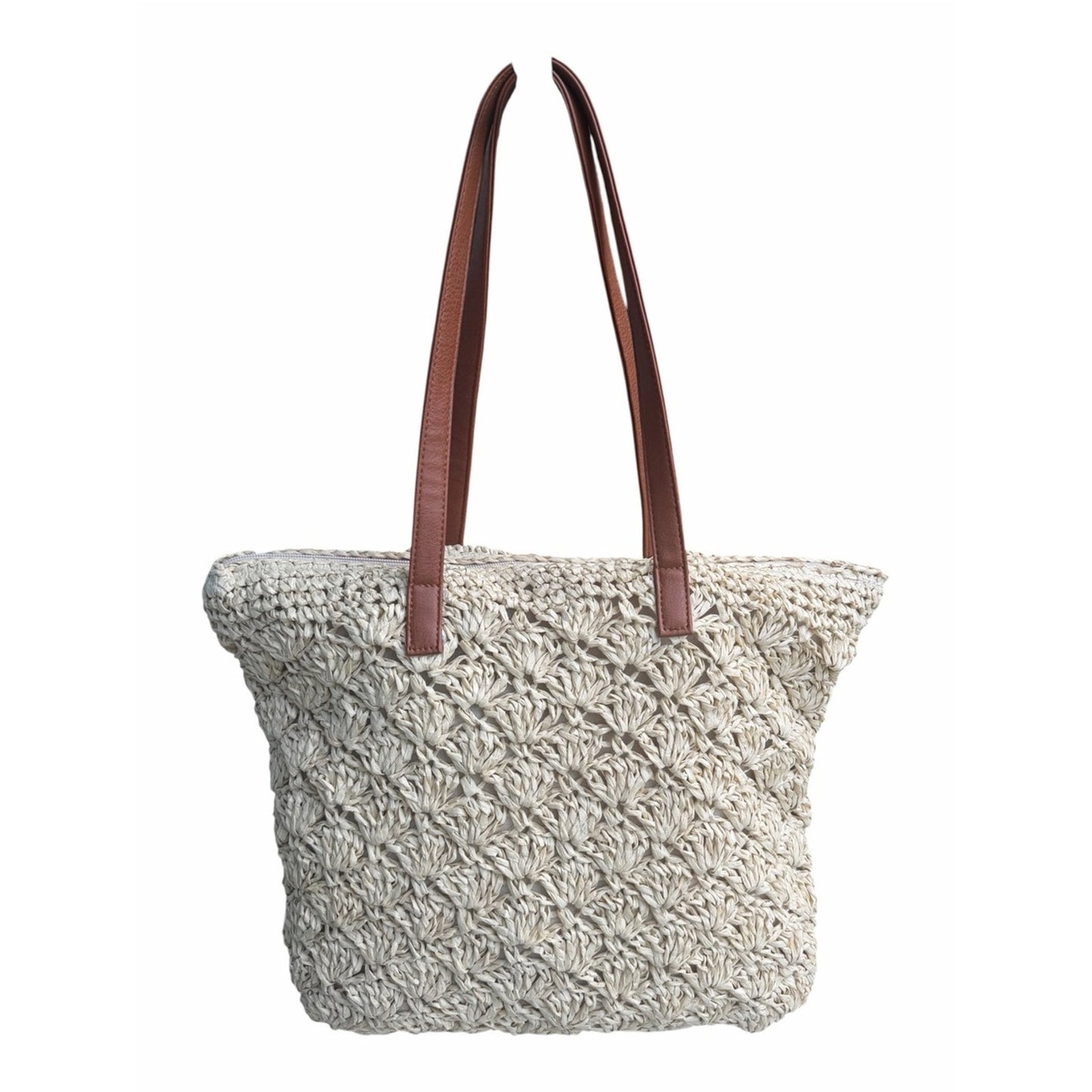 NWT BTB Los Angeles Raffia Woven Tote Bag Leather Straps Zip Top Beach Resort