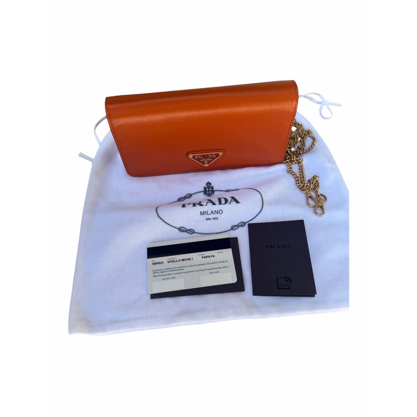 PRADA Vitello Move Papaya Wallet on Chain Crossbody Bag WOC w Dust Bag & Cards