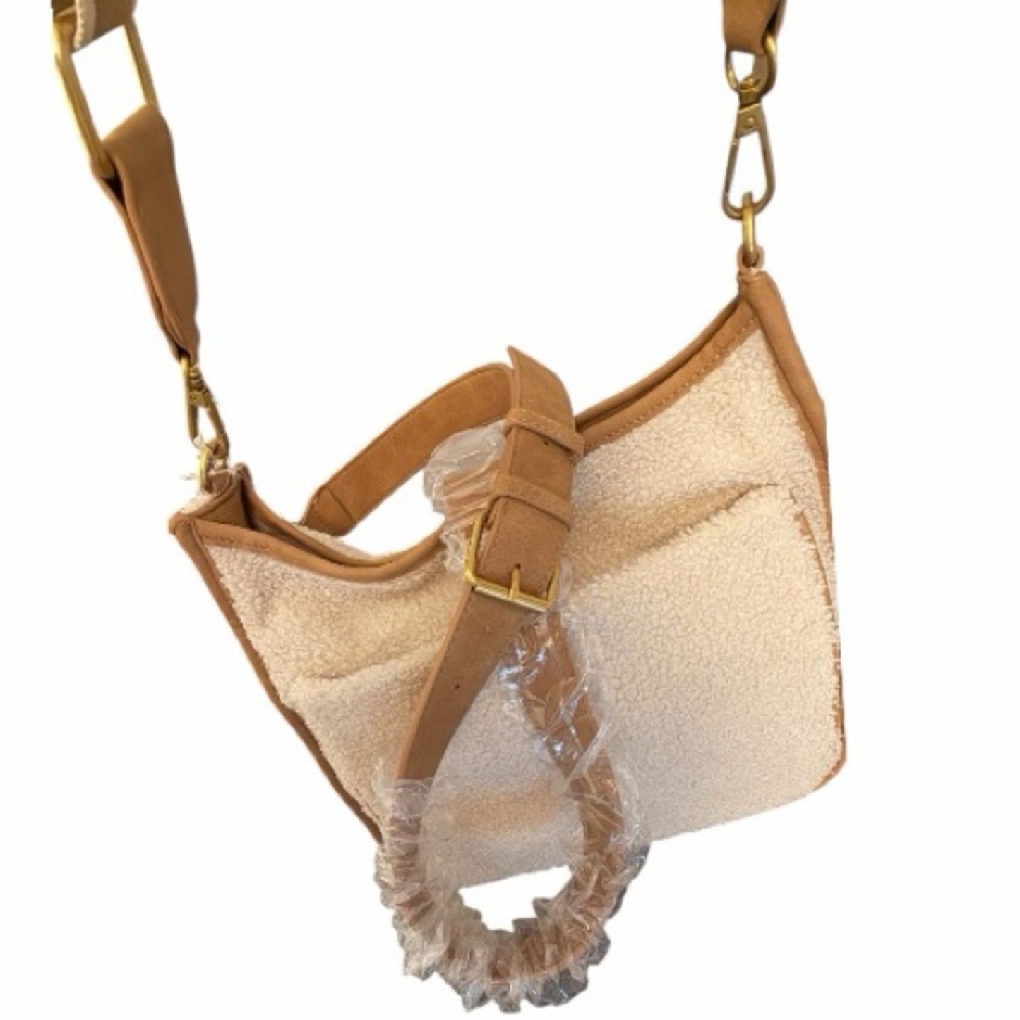 Faux Fur Sherpa Fairycore Crossbody & Shoulder Bag – 2 Straps – Cream/Tan – NWT