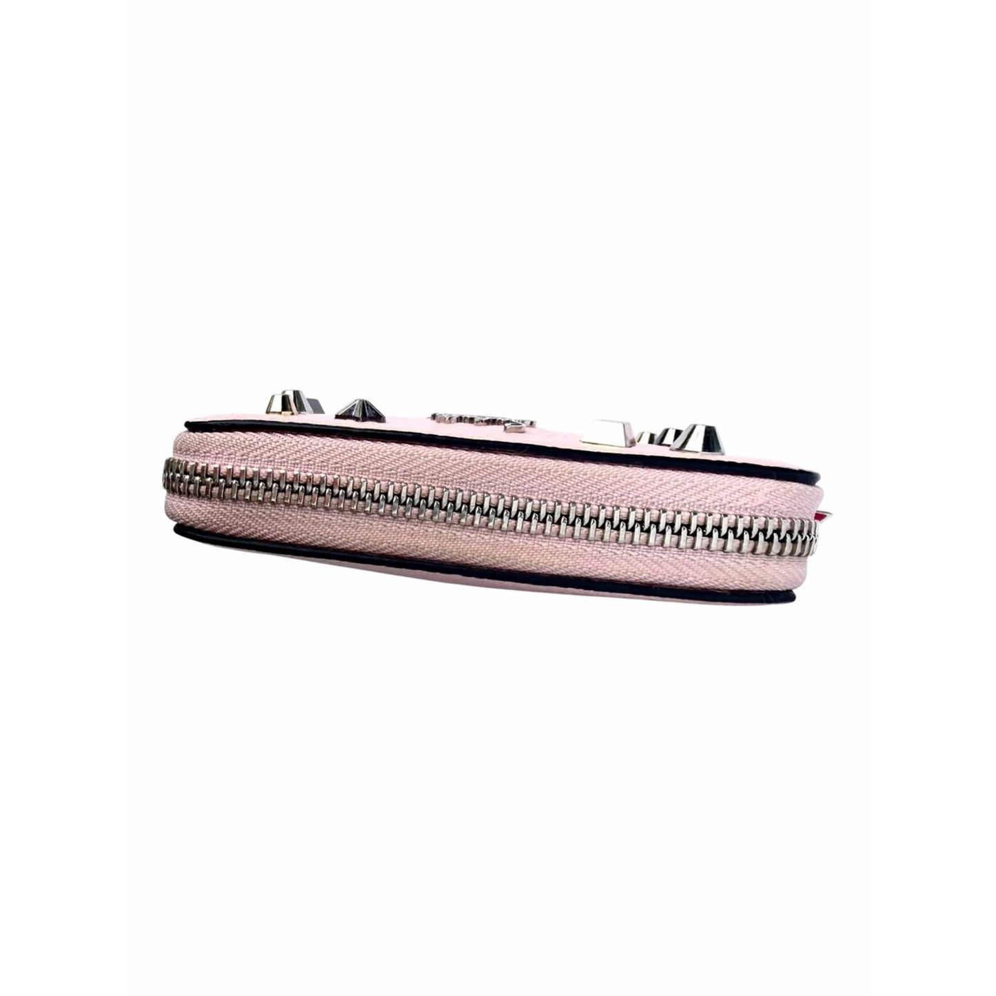 Christian Louboutin Blush Pink Studded Zip Around Coin Card Wallet W/Red Charm
