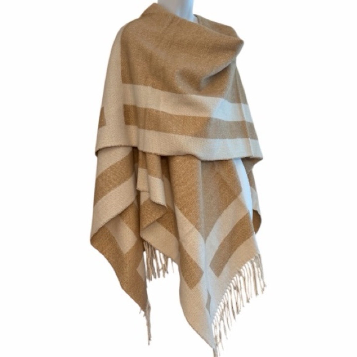 NWT Ted Baker Veruschka Reversible Poncho Wrap Camel Ivory Fringe OS