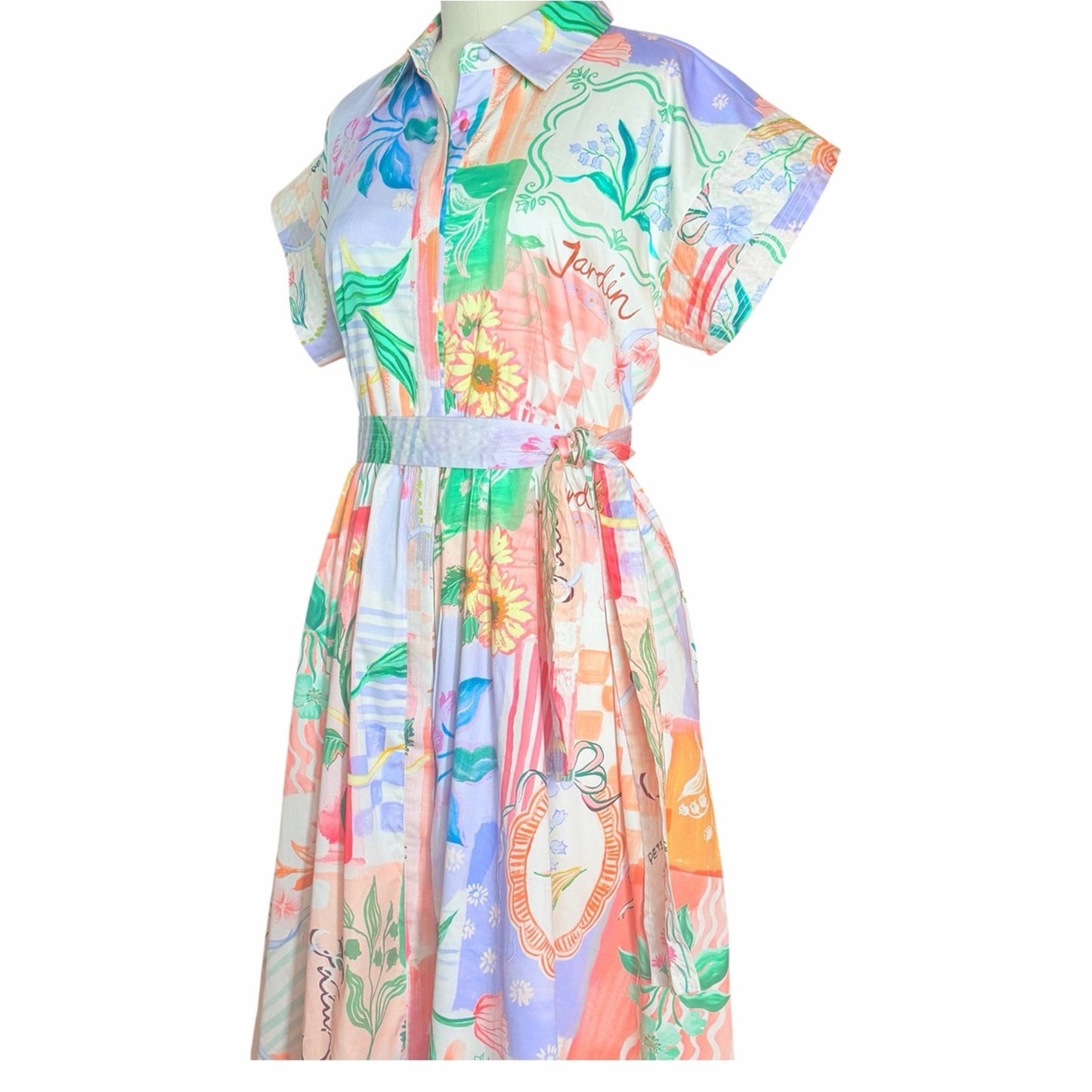 Prosperina Savannah Peach Multi Floral Cotton Midi Shirt Dress NWT M