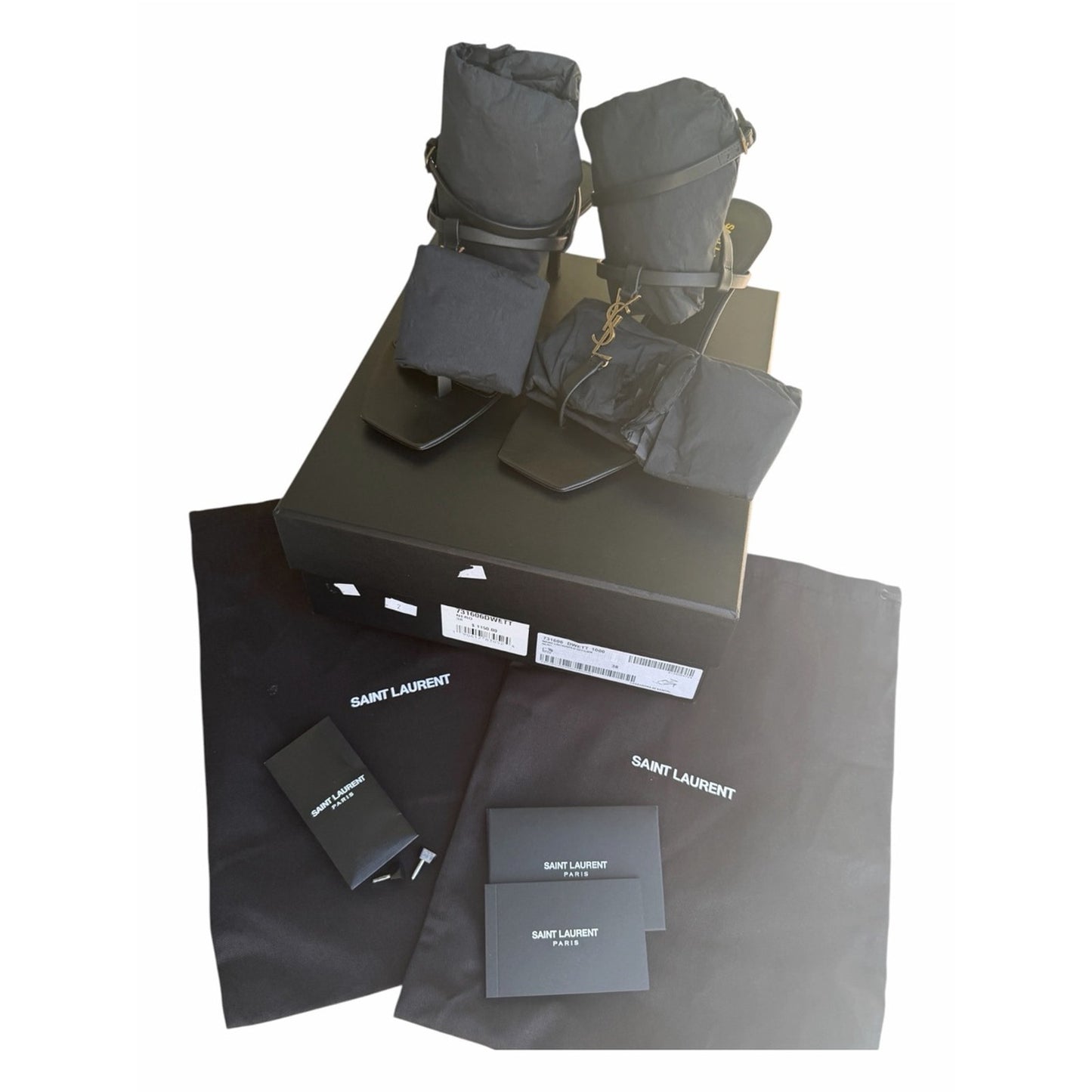 NWT Saint Laurent Cassandra YSL Logo Leather Sandals Black Gold Size 38 Full Set