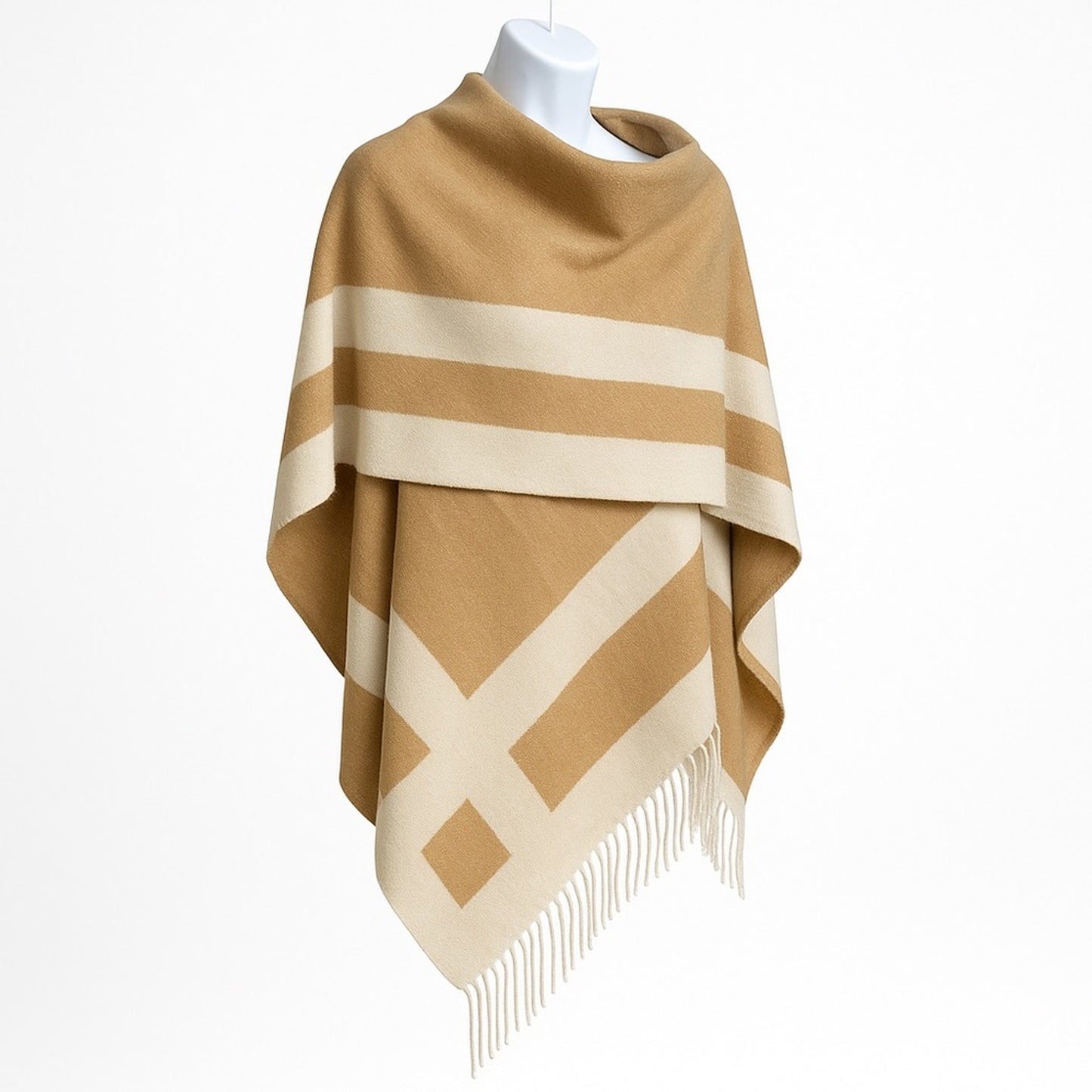 NWT Ted Baker Veruschka Reversible Poncho Wrap Camel Ivory Fringe OS