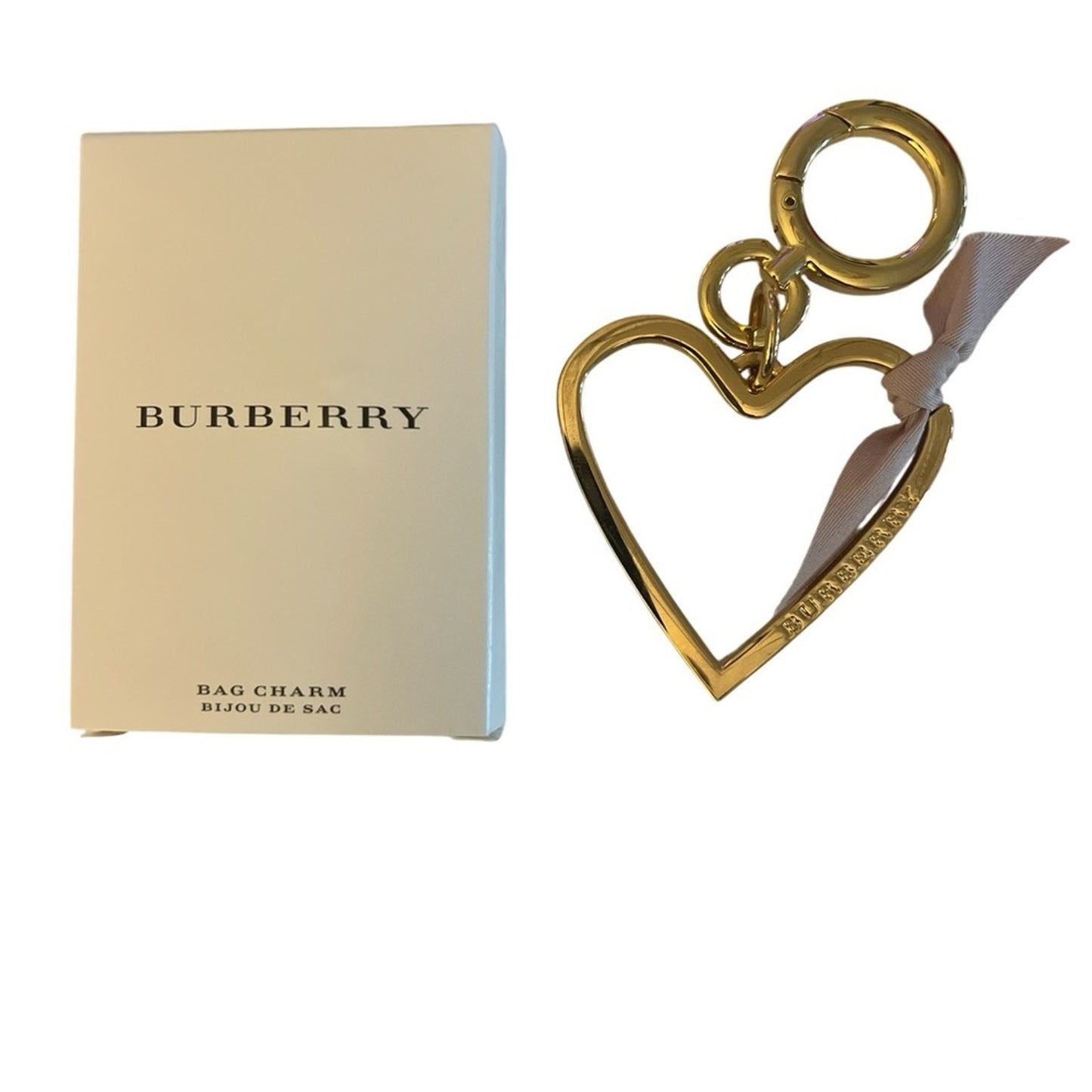 Gold Burberry Gold Heart Bag Charm with Pink Ribbon NIB