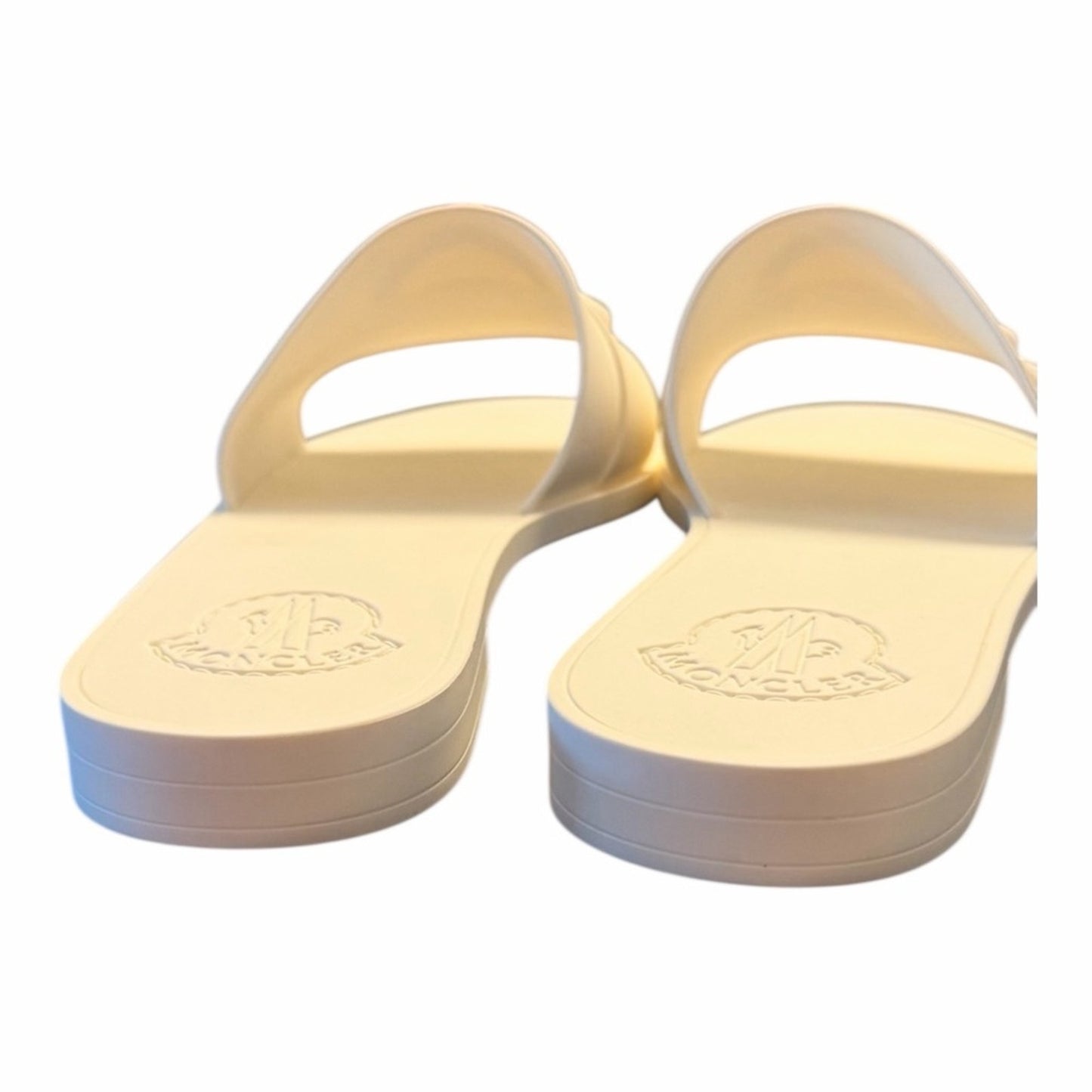 Moncler Mon Slide Sandals Cream Size 37 NIB Logo Minimalist Luxury Made in Italy