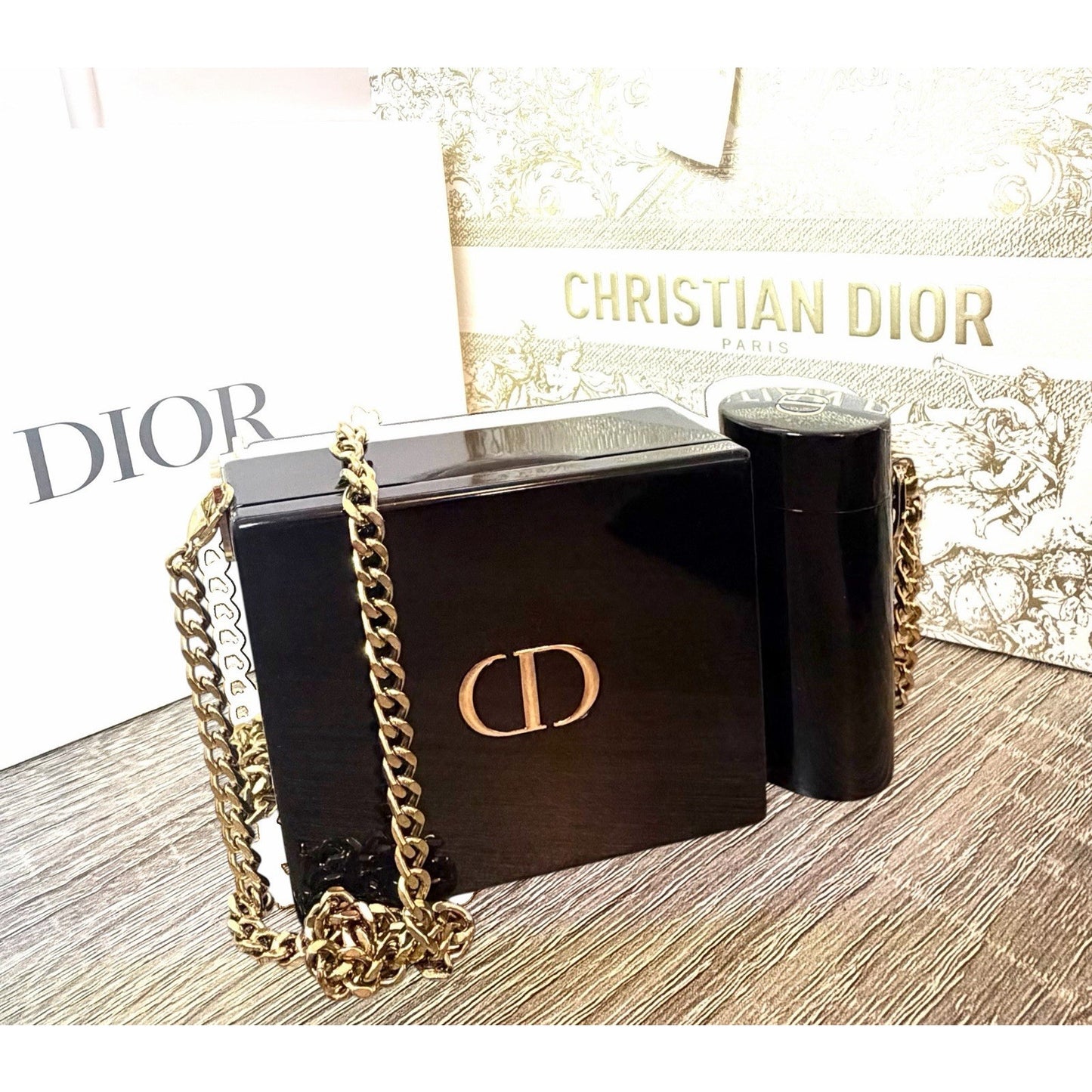 Dior Acrylic Lipstick Clutch Set w Chain + 4 Lipsticks + Duster + Box