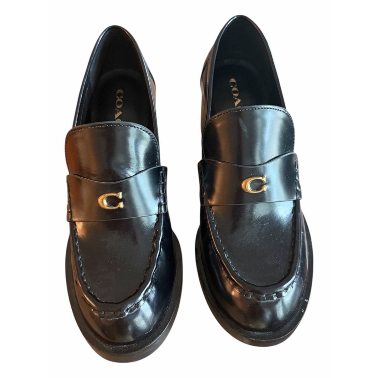Coach Natalie Leather Loafer Heels Black Size 9 NIB Gold C Hardware