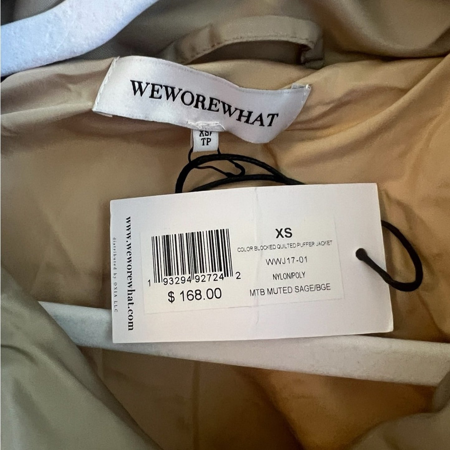 We Wore What Puffer Jacket in Beige/ Sage Color Blocked Women's Size XS NWT