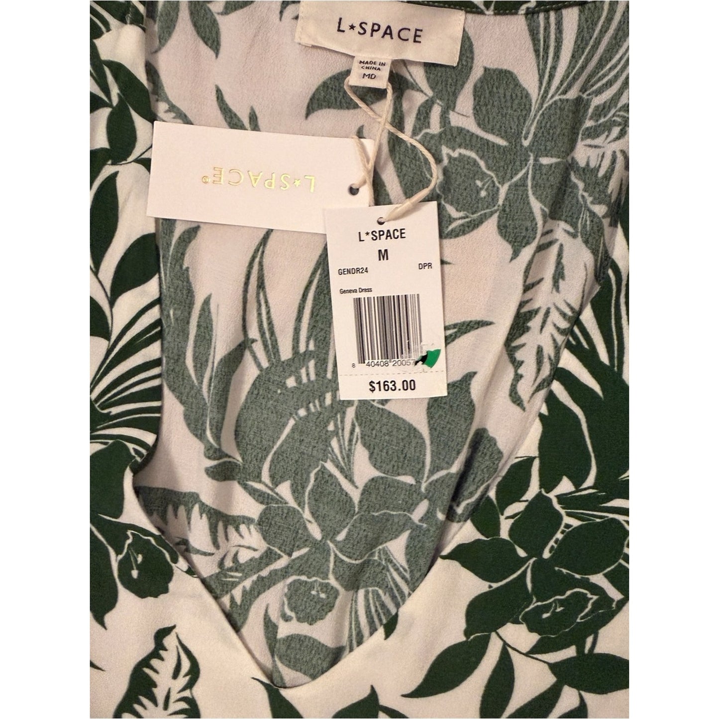 L*SPACE NWT Green Tropical Belted Mini Dress Medium Bell Sleeve Resort Vacation