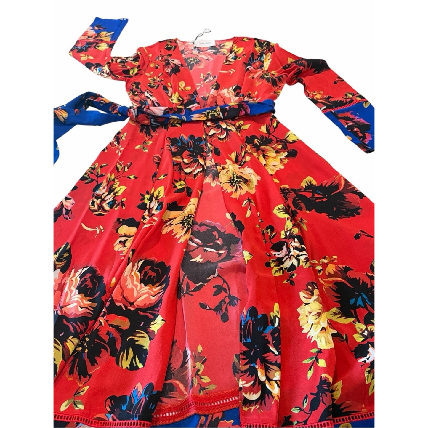 We Are Leone Silk Maxi Dress Duster Red Floral Peony Contrast NWT S/M Boho