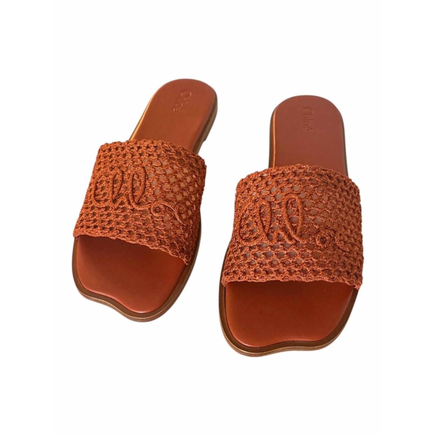 Chloé Flower Leather Crochet Logo Slide Sandals 37.5 / US 7.5 Rust Brown New