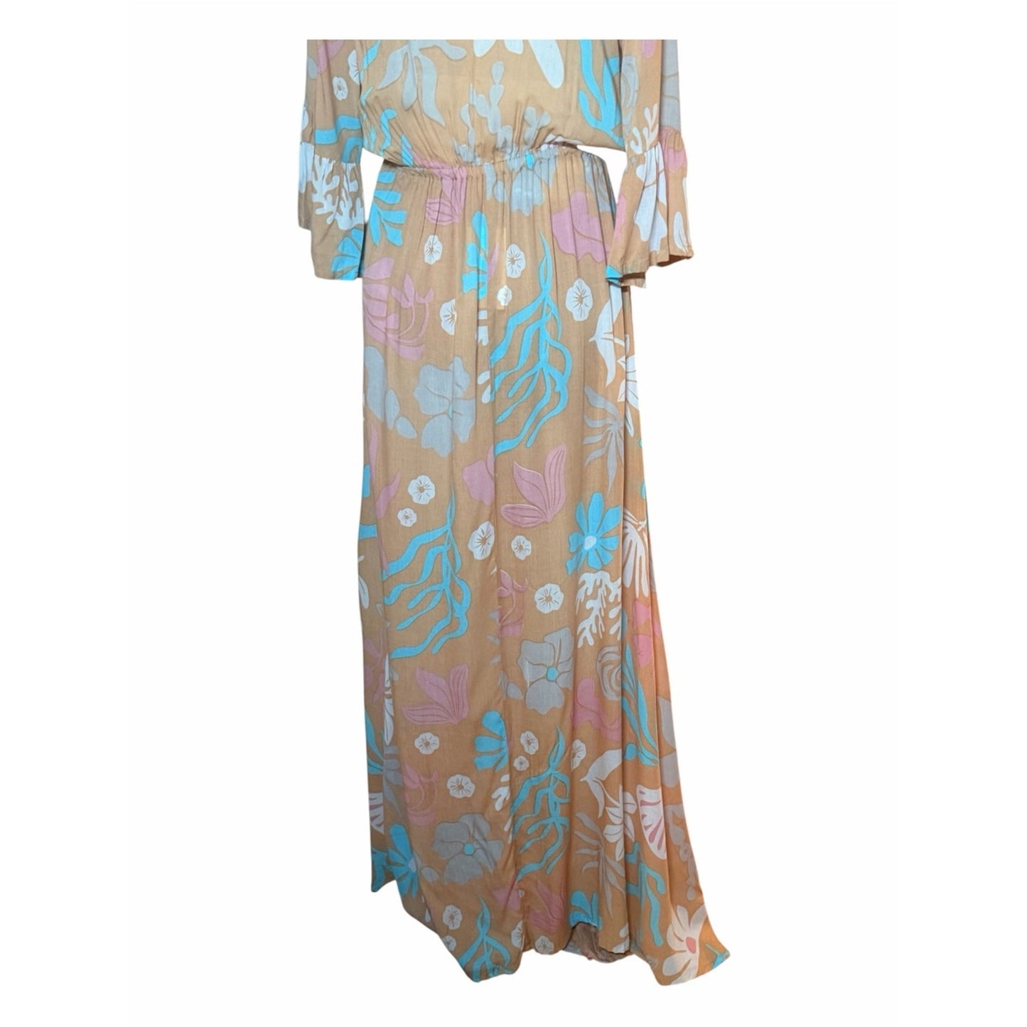 Tiare Hawaii Surry Maxi Dress NWT Brown Aqua Floral Size s/m