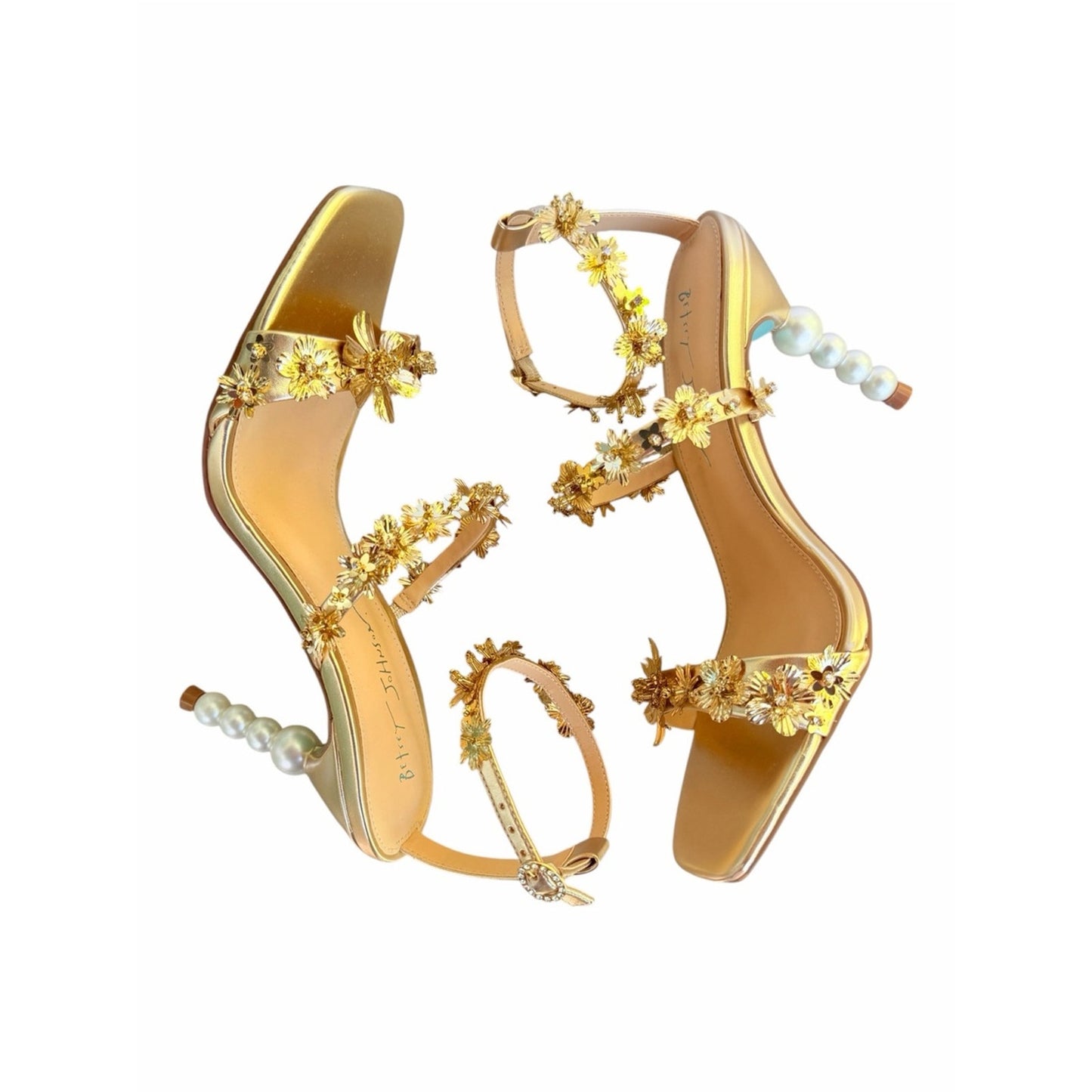 Betsey Johnson Lorra Gold Floral Pearl Heel Sandals NIB 9.5