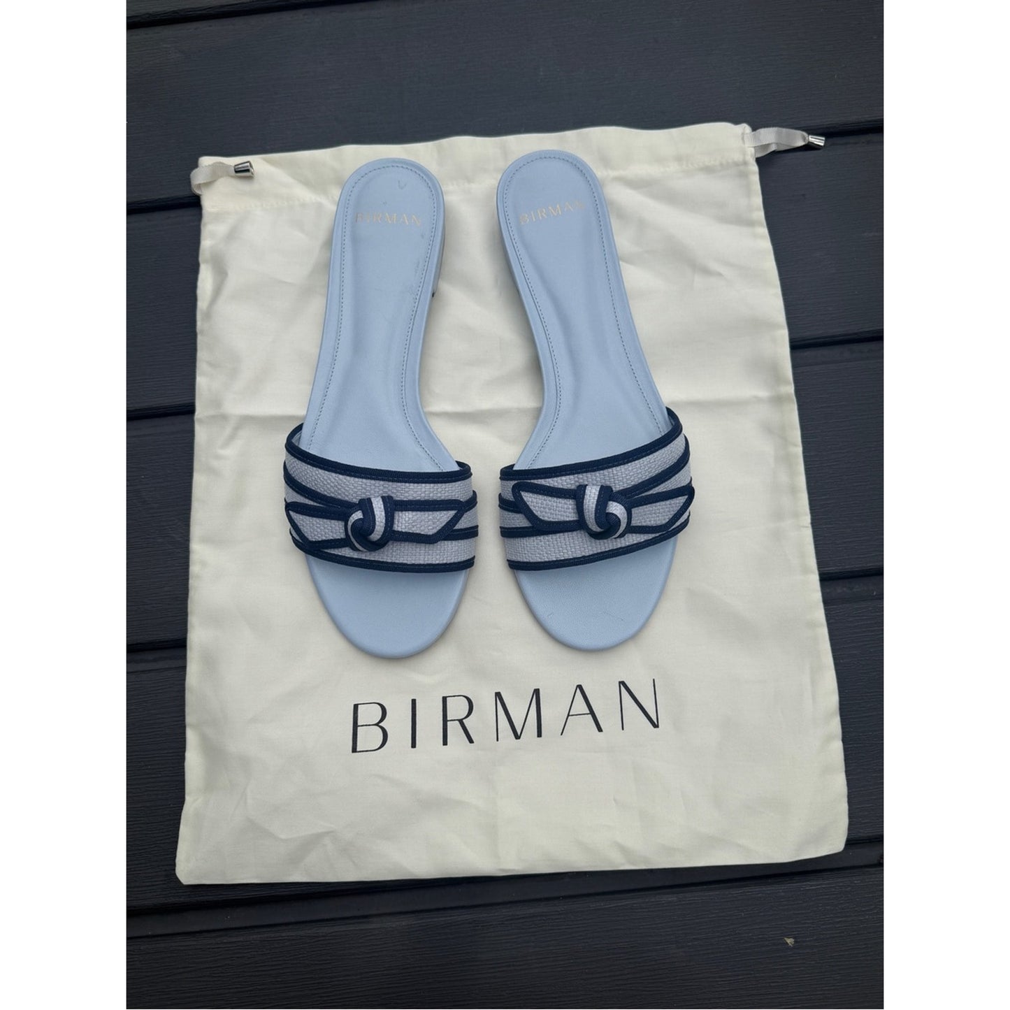 Alexandre Birman Grosgrain Raffia Flat Slides Serene Blue Oceana 38 New In Box