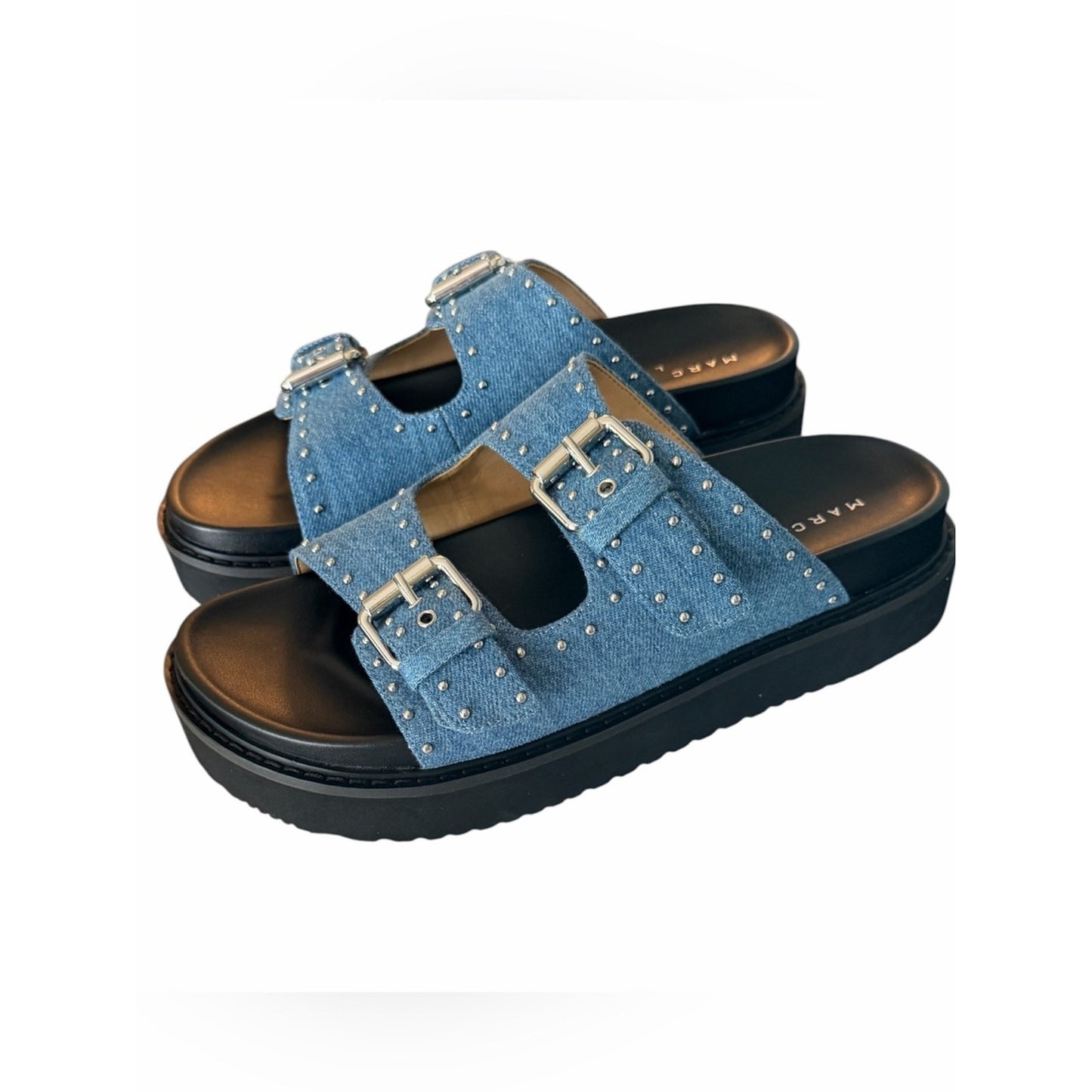 Marc Fisher LTD Agusta Denim Studded Slide Sandals Platform Blue 7.5 NIB