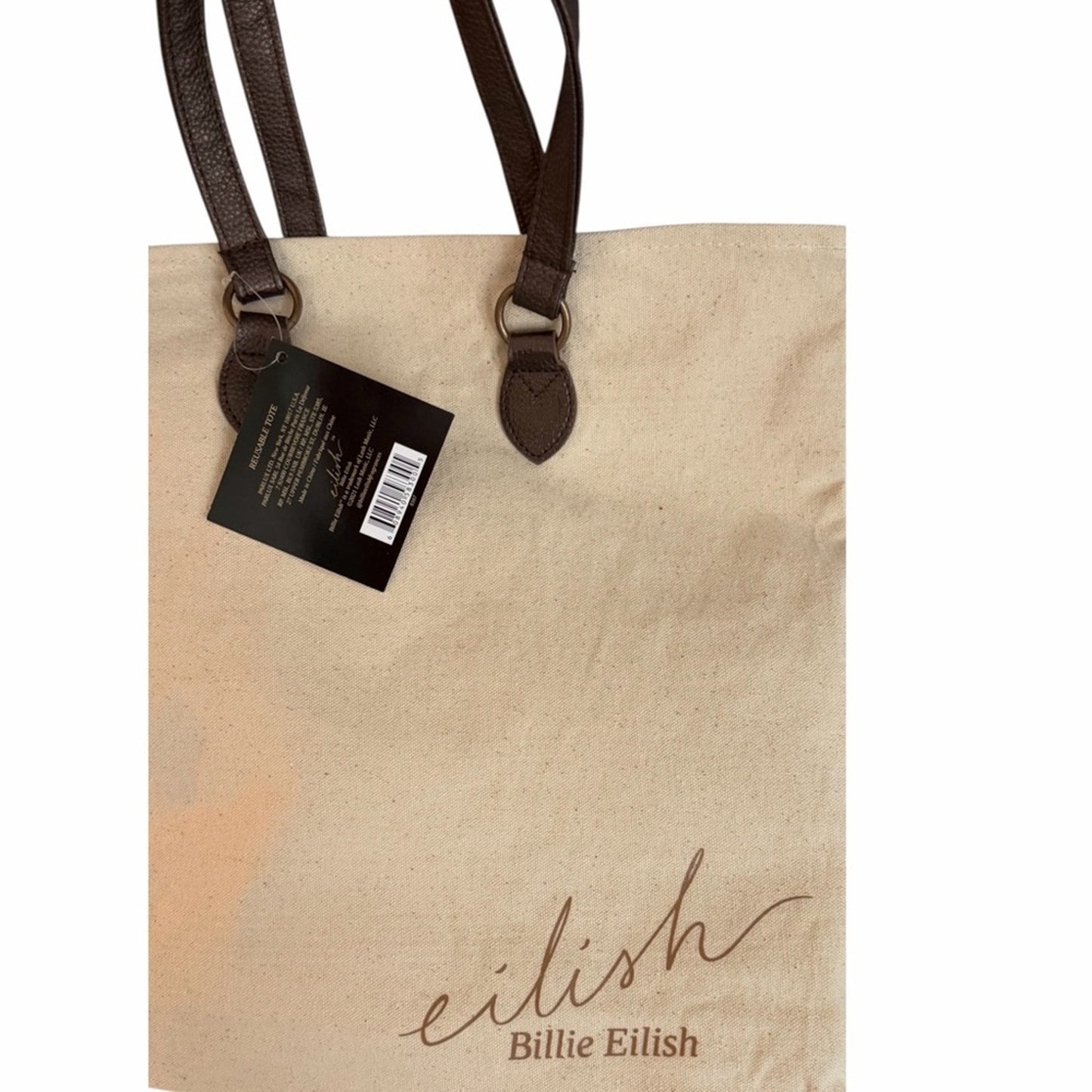 Billie Eilish “Eilish” Cotton Canvas Tote Bag Brown Faux Leather Handles