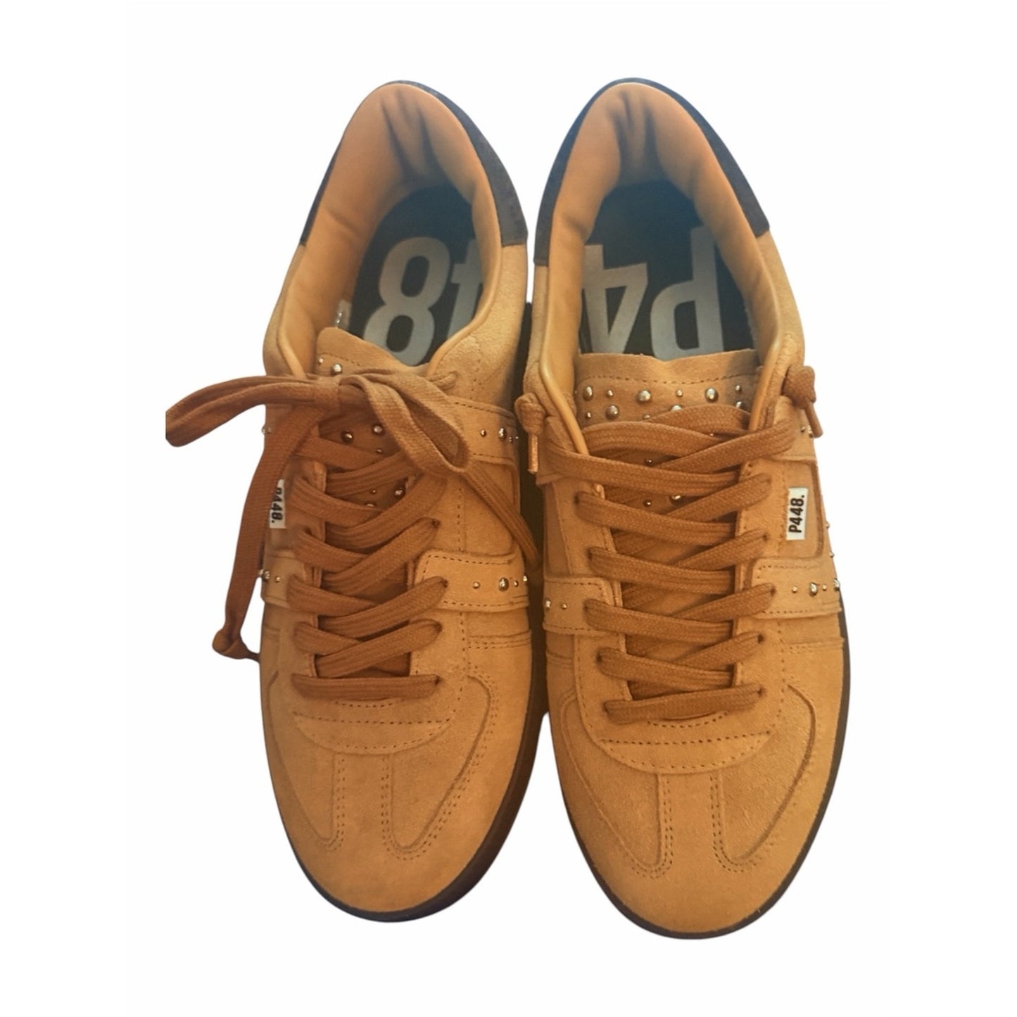P448 Monza Cognac Sand Suede Studded Sneakers NIB EU 38 US 7.5/8
