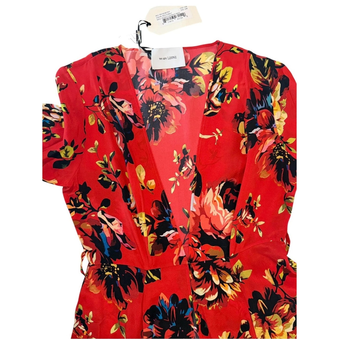 We Are Leone Silk Maxi Dress Duster Red Floral Peony Contrast NWT S/M Boho