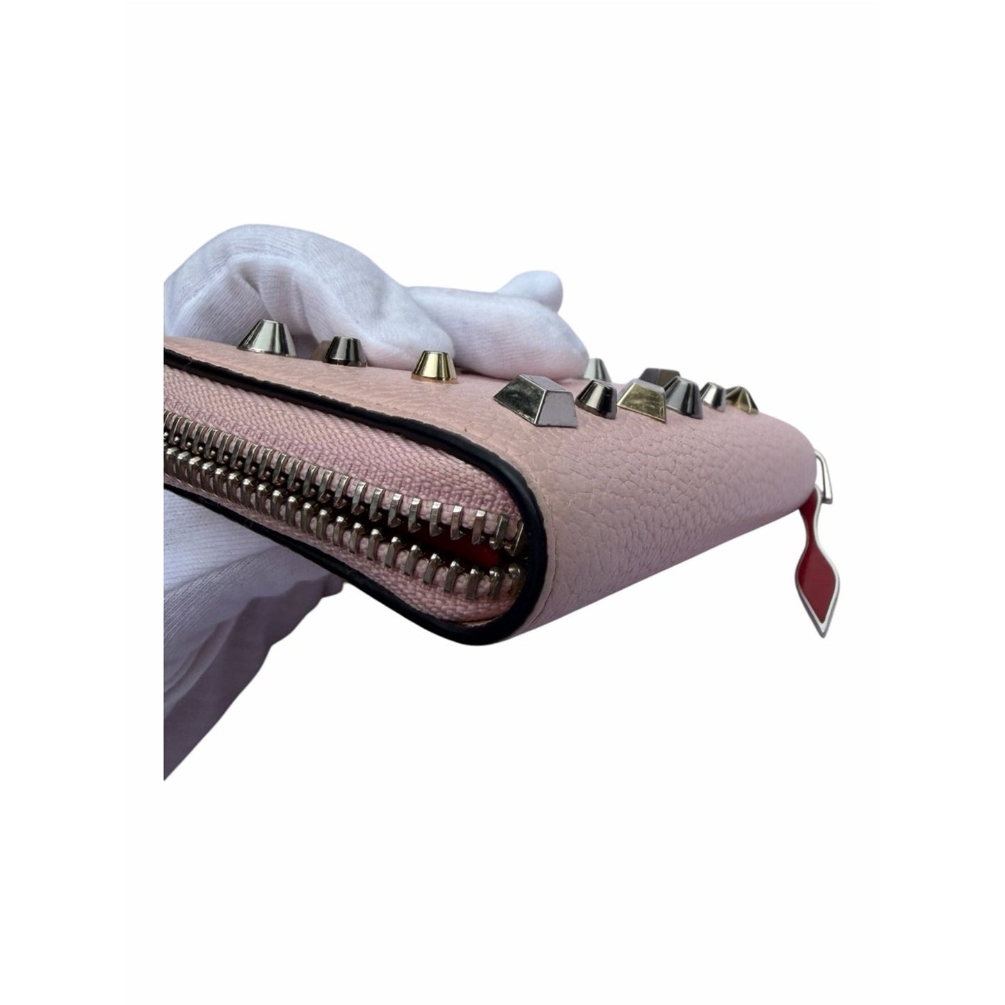 Christian Louboutin Blush Pink Studded Zip Around Coin Card Wallet W/Red Charm