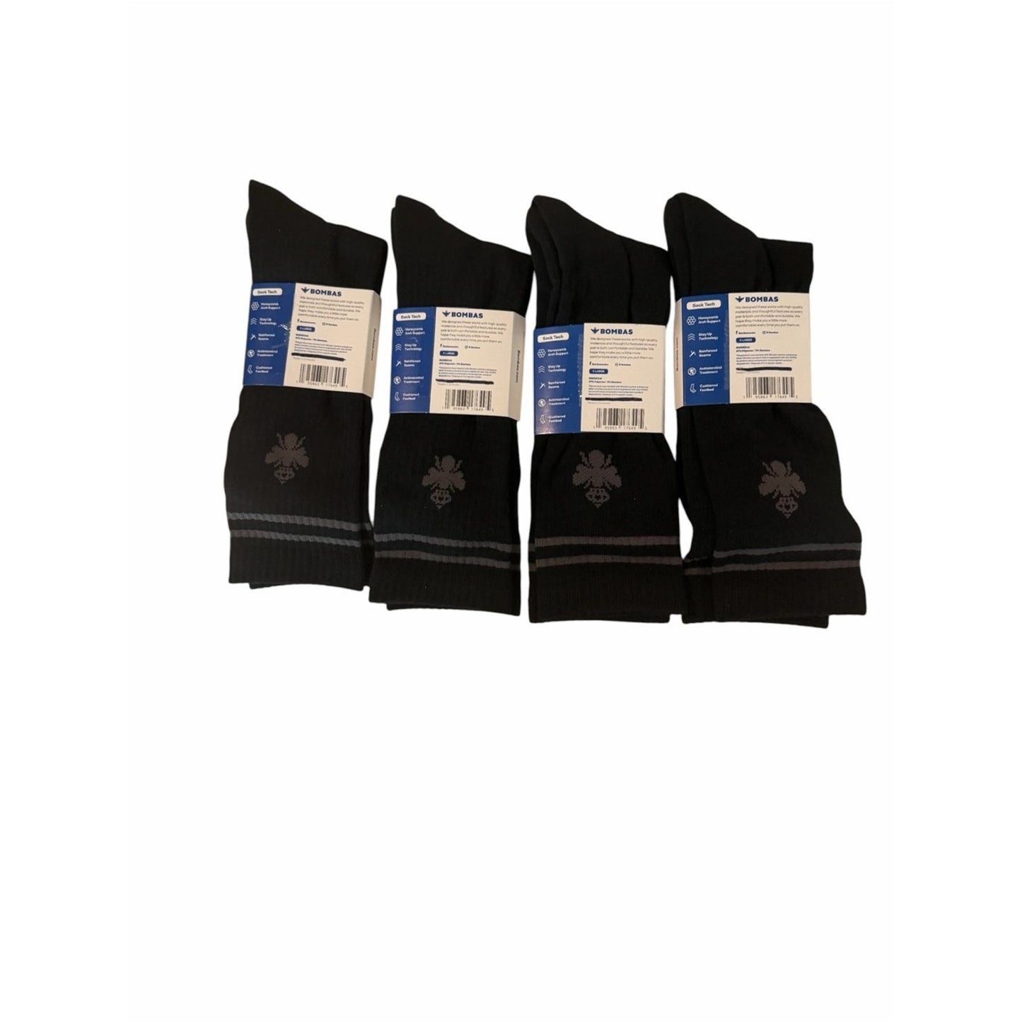 Bombas Men’s XL Honeycomb Crew Socks 4-Pack Black Cushioned Unisex