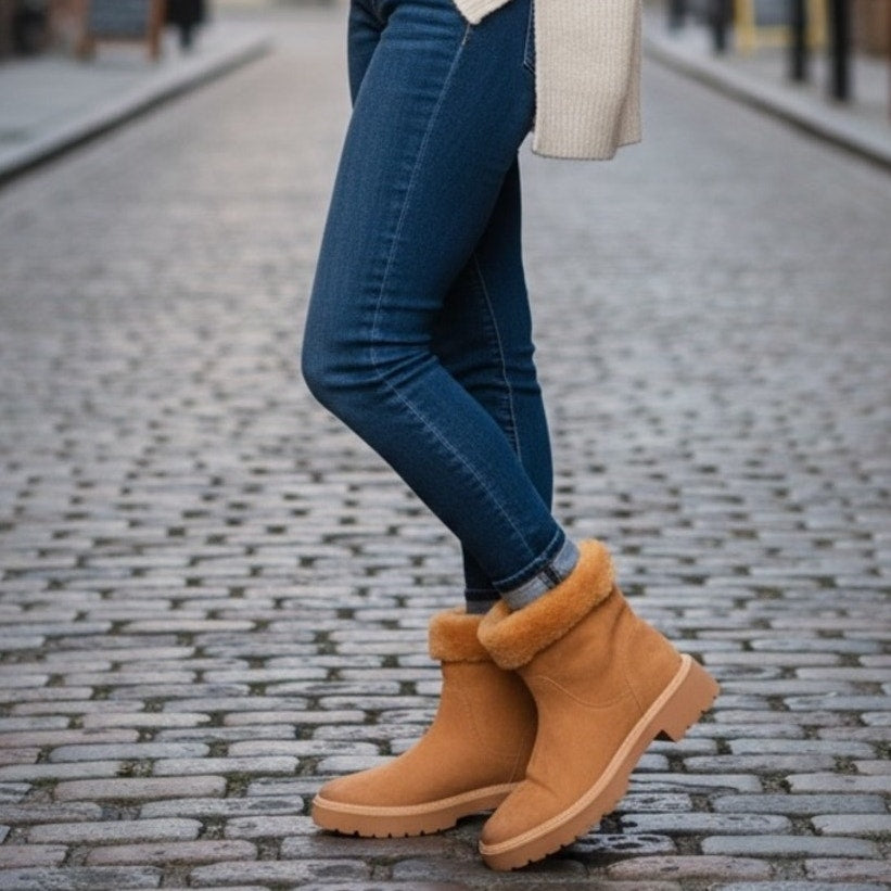 Naturalizer Sense Water Repellent Suede Faux Fur Boots Golden Caramel Size 9 NIB