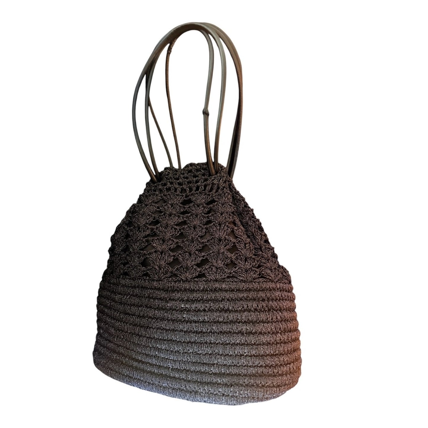 BTB Los Angeles Black Raffia Crochet Bucket Bag Lined Leather Strap Boho Tote