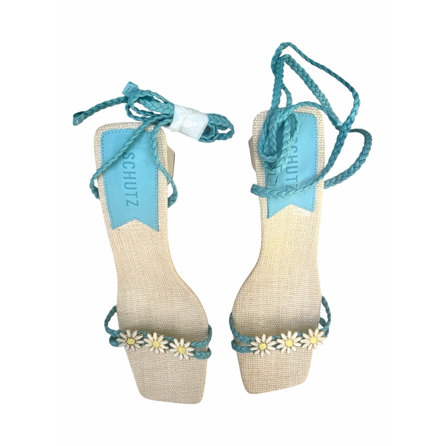 Schutz Hina Mid Daisy Raffia Lace-Up Block Heel Sandals NIB Dust Bag Size 9.5